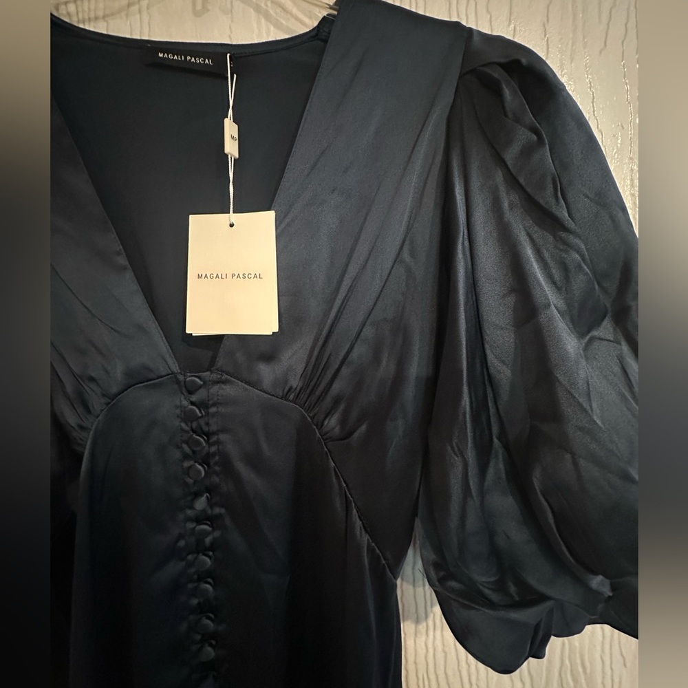 NWT MAGALI PASCAL Navy Baron long dress Puff-Sleeved Midi Dress silk Size M - Picture 5 of 11